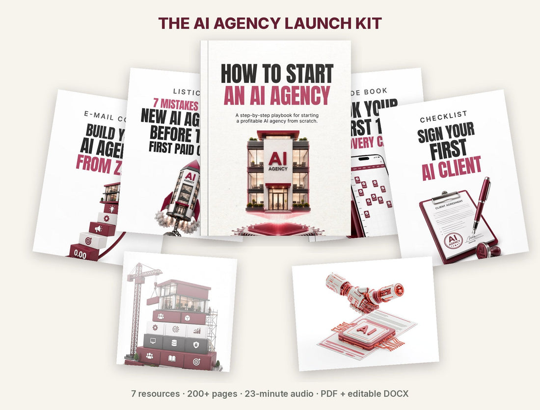 The AI Agency Launch Kit resources laid out on a desk